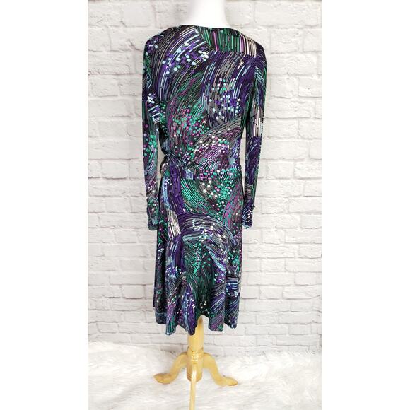 Cache Purple Green Print Long Sleeve Faux Wrap Dress Cocktail Party Sz S - Picture 10 of 15